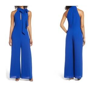 Mark + James Badgley Mischka jumpsuit side tie neck keyhole blue Size 6